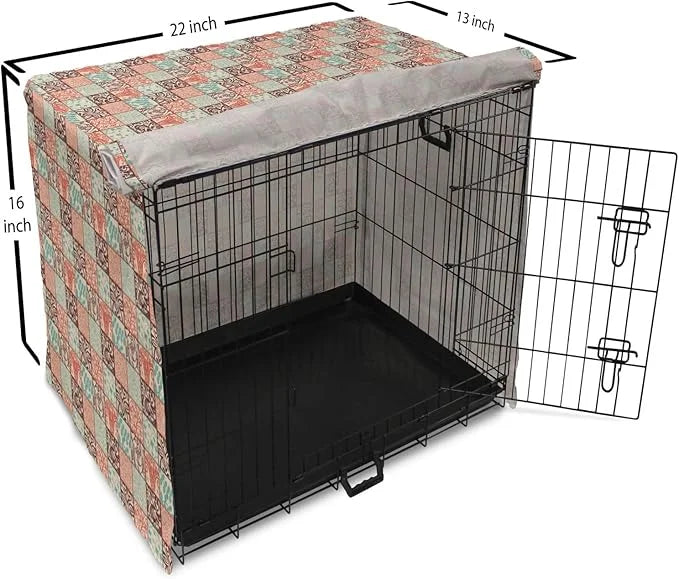 Lunarable Geometric Dog Crate Cover, Western Style Floral Motifs with Vintage Look in Checks, Easy to Use Pet Kennel Cover...