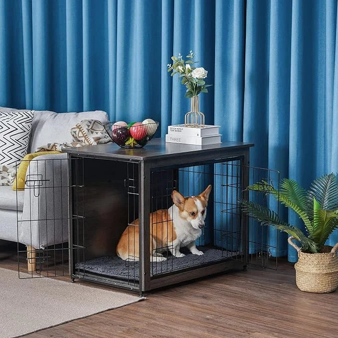 DWANTON Dog Crate Furniture with Cushion, Wooden Kennel Table with Double Doors, Indoor Dog House, Medium Size, 32.5" L, D...