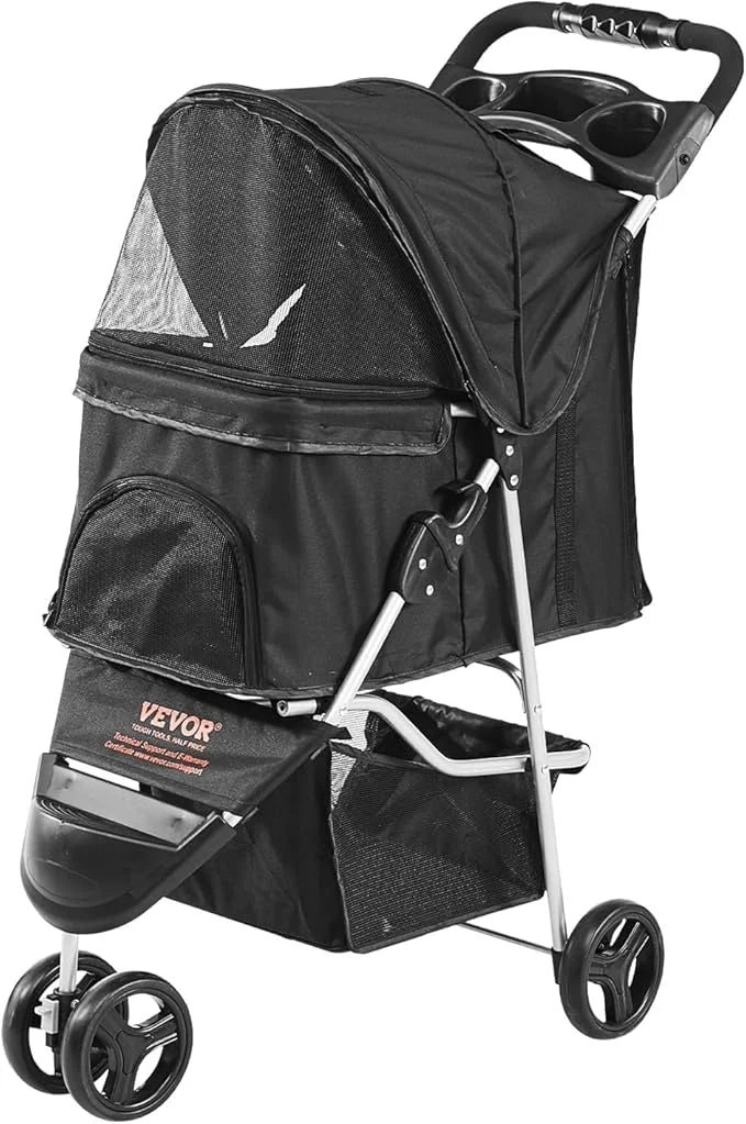 VEVOR Pet Stroller for Dogs and Cats up to 35lbs, 3 Wheels Folding Dog Cat Stroller for Medium Small Dogs, Portable Lightw...