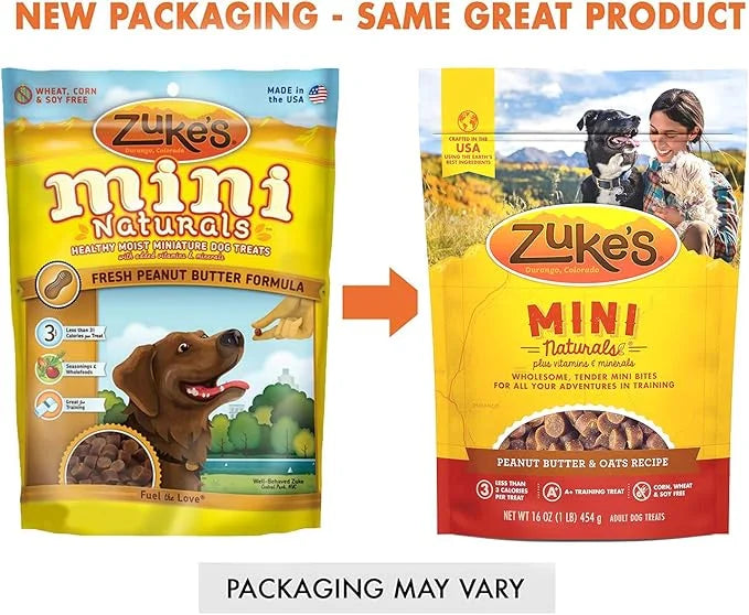 (2 Pack) Zuke Mini Naturals Dog Treats Peanut Butter 16 oz (1 Lb) - Zukes Soft & Chewy Training Treats - with 10ct Wipes -...