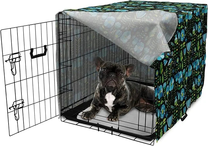 Lunarable Floral Dog Crate Cover, Abstract Flower Bouquets Dragonflies Ladybugs Butterflies on Dark, Easy to Use Pet Kenne...