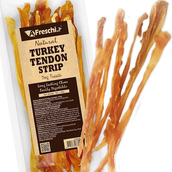 Afreschi Natural Turkey Tendon Strip 3 oz, All Natural Human Grade Puppy Chew, Turkey Sourced from USA, Hypoallergenic, Ea...