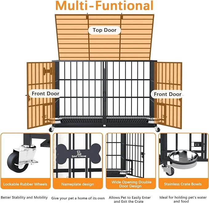 aboxoo 42/48 inch Heavy Duty Metal Dog Crate for 2 Dogs/Large Dog,All Metal Open Top Stackable,Dog Kennel Indoor with Whee...