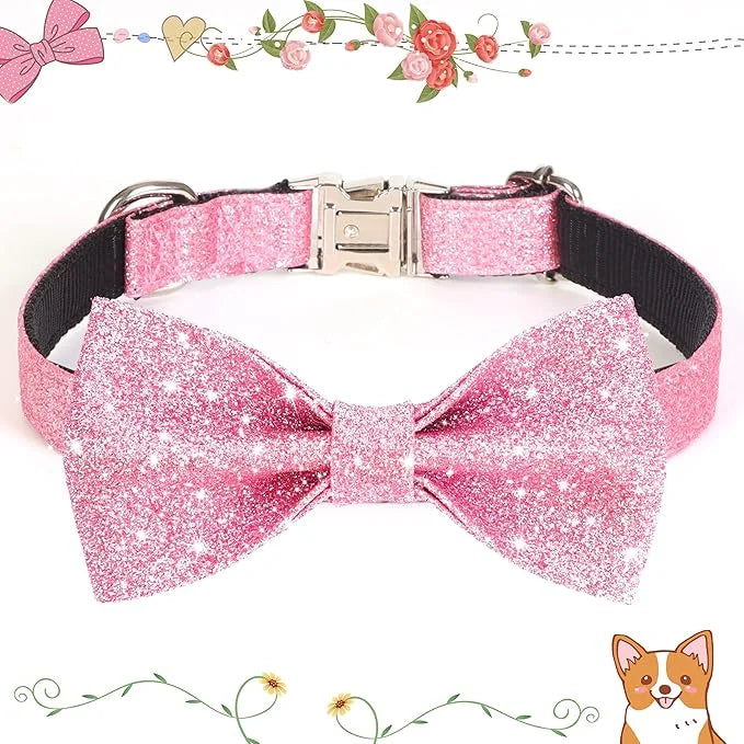 Bling Dog Bow Tie Collar for Puppy Small Dogs and Cats, Cute Pink Girl Dog Collar with Bow for Daily Walking or Holiday Pa...