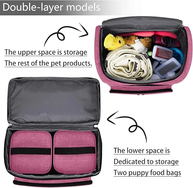 BAGLHER Pet Travel Bag, Double-Layer Pet Supplies Backpack (for All Pet Travel Supplies), Pet Travel Backpack with 2 Silic...