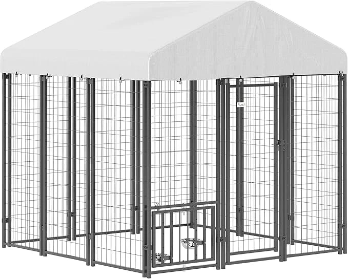 PawHut 5.9' x 5.9' x 6' Outdoor Dog Kennel, Welded Wire Heavy Duty Dog Run with 360° Rotating & 4 Level Adjustable Bowls, ...