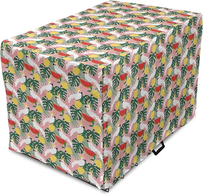 Ambesonne Summer Dog Crate Cover, Cockatoo Parrot in Exotic Forest Watermelon Slices Monstera Lemons Pattern, Easy to Use ...