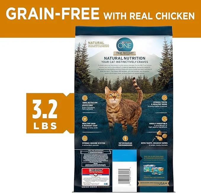 Purina ONE Natural, High Protein, Grain Free Dry Cat Food, True Instinct With Real Chicken - 3.2 lb. Bag - Product Image