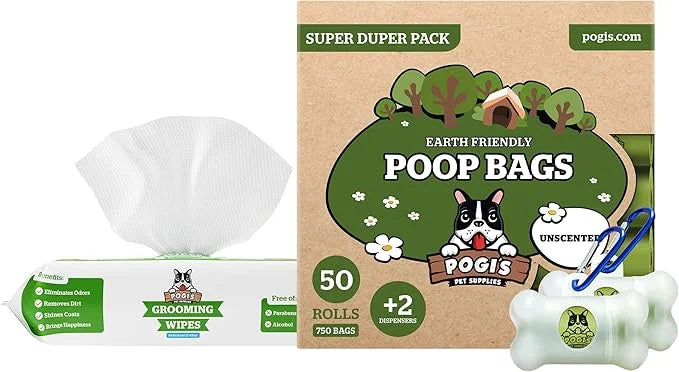 Pogi's Dog Walk n' Wipe Combo - Pogi's 750 Unscented Dog Poop Bags + 2 Poop Bag Holders and 100 Plant-based Grooming Wipes...