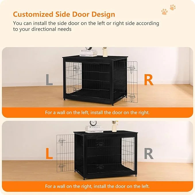 DWANTON Dog Crate Furniture with Cushion, Wooden Kennel Table with Double Doors, Indoor Dog House, Large Size, 38.5" L, Bl...