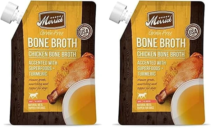 Merrick Grain Free Bone Broth, Premium Human Grade And Gluten Free Dog And Cat Food Topper Pouches, Chicken - 16 oz. Pouch...