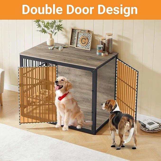 Dog Crate Furniture, 48 Inch Dog Kennel Furniture, Wooden ๐og Crate Furniture Large Breed with Rotating ๐og Bowls, Heavy D...