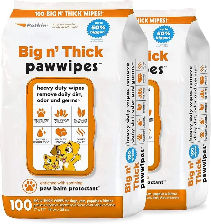 Petkin Big N' Thick Paw Wipes for Dogs, 200 Large Wipes - Clean Dirty Paws After Walks, with Paw Balm Protectant - Keep Fl...