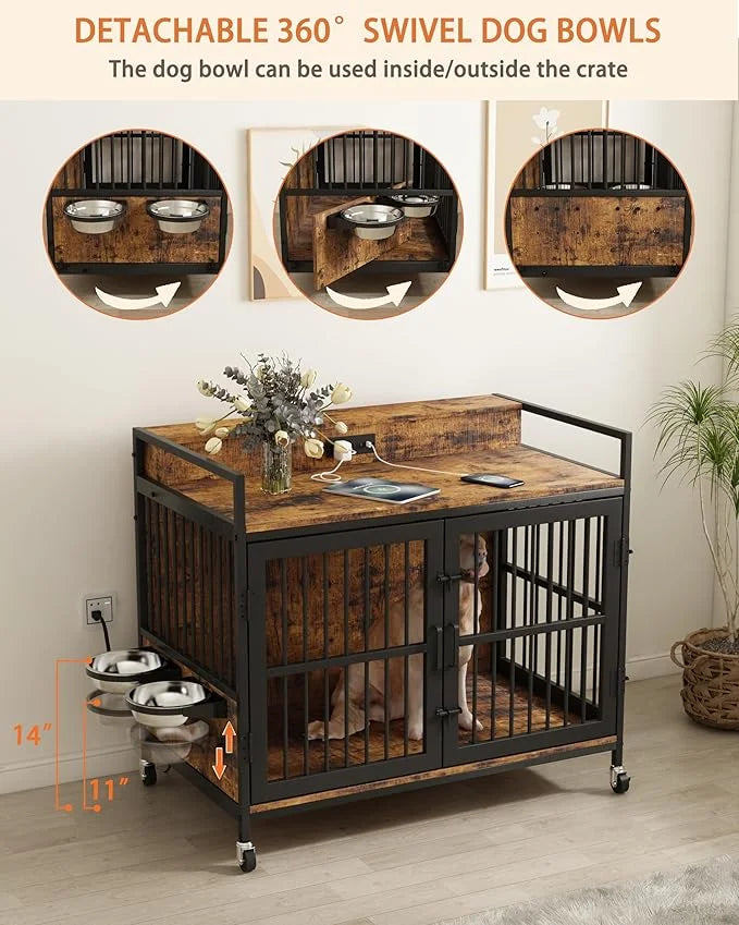 Piskyet Large Dog Crate Furniture,Heavy Duty Dog Crate Table with Charge Station and Storage&360°Rotatable Feeder and Stai...