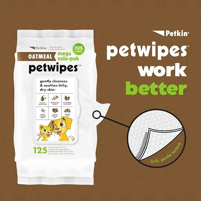 Petkin Mega Valu-Pak Pet Wipes, 500 Total Wipes - Oatmeal Pet Wipes for Dogs and Cats - for Face, Paws, Ears, and Body - S...
