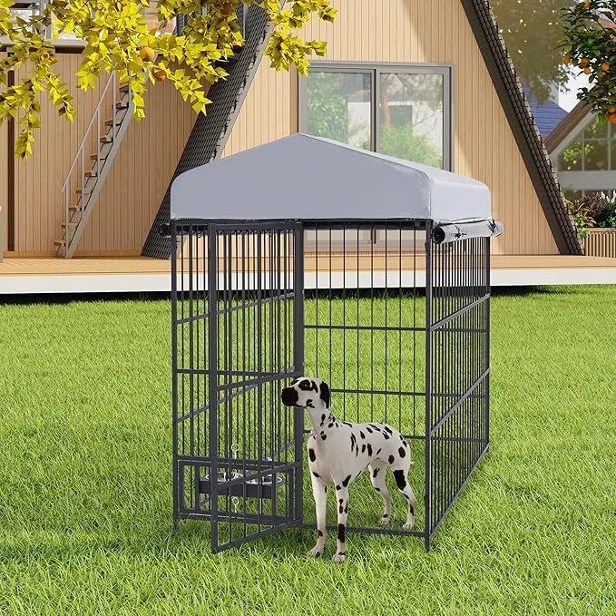Ball & Cast 47" Outdoor Dog Kennel for 91+ lbs Dogs,Lockable Swivel Door with Bowl Rack & 2 Stainless Bowls,Waterproof Met...