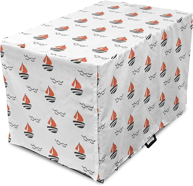 Lunarable Sail Boat Dog Crate Cover, Abstract Boat Waves Cartoon Drawing Style Geometric Pattern, Easy to Use Pet Kennel C...
