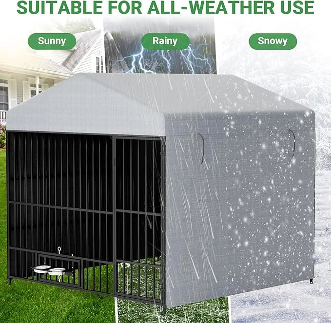 Outdoor Dog Kennel - 6.6 x 6.6 x 6.4 ft Outside Dog Kennel with Roof, Large Dog Outdoor Kennel with Rotating Feeding Bowls...