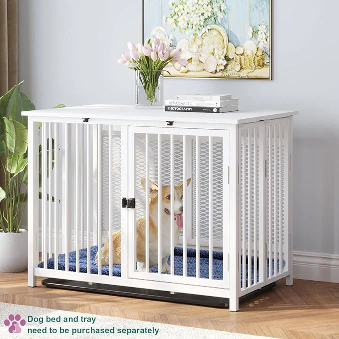 Heavy Duty Dog Crate Furniture, Fully Assembled exc. Locks, All Metal Frame & Wooden Tabletop, Modern Kennel for Small/Med...