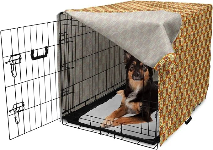 Lunarable Thanksgiving Dog Crate Cover, Checkered Pattern with Funny Cartoon Gobbler and Fallen Autumn Leaves, Easy to Use...
