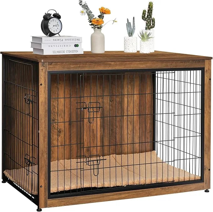 DWANTON Dog Crate Furniture with Cushion, Wooden Kennel Table with Double Doors, Indoor Dog House, Extra Large, 43.3" L, W...