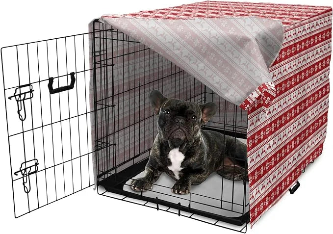 Ambesonne Christmas Dog Crate Cover, Xmas Winter Themed Deers Snowflakes in Nordic Pattern Borders and Lines Art, Easy to ...