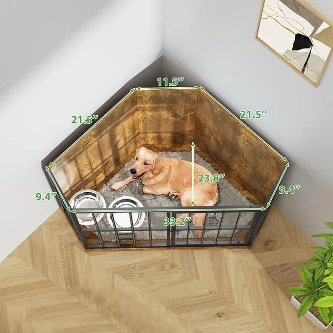 Medium Dog Crate Furniture, 42โ Heavy Duty Corner Dog Crate with 2 Stainless Steel Bowls, Dog Kennel Furniture Style House...