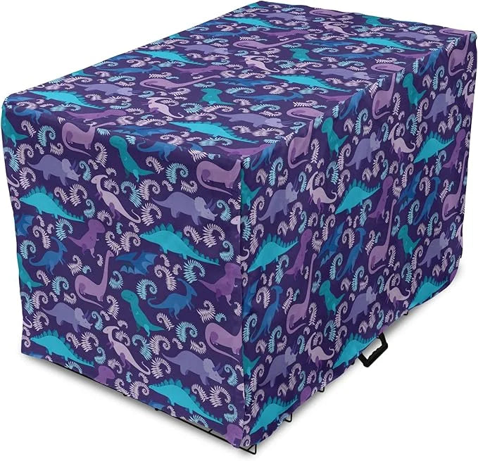 Lunarable Jurassic Dog Crate Cover, Abstract Cartoon Dinosaur Pattern Ferns Caricature Style Creatures Prehistoric, Easy t...