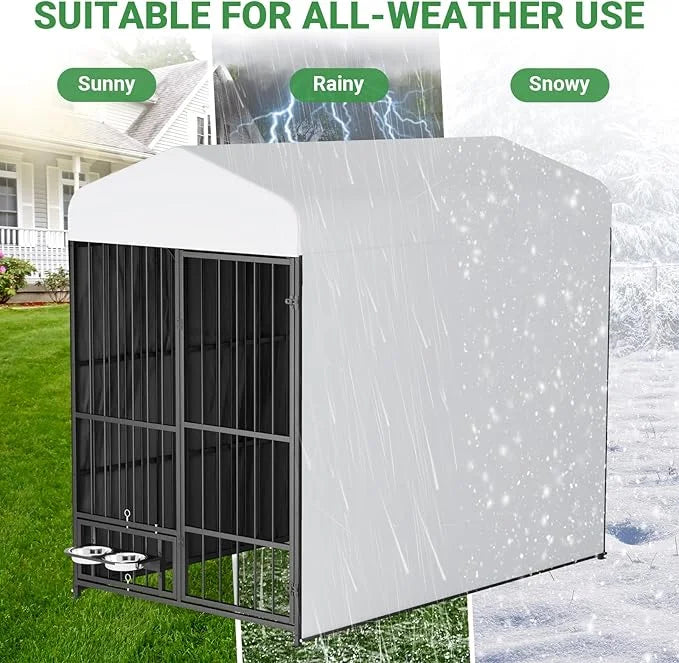6.6 x 3.9 x 5.9 FT Outdoor Dog Kennel with Roof, Large Dog Kennel Outdoor with Rotating Feeding Bowls, Waterproof and Sunp...