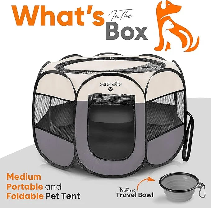 SereneLife On-The-Go Foldable Portable Pet Tent 8-Panel Playpen for Dog & Cat w/Food/Water Bowl, Mesh Exercise Puppy Playg...
