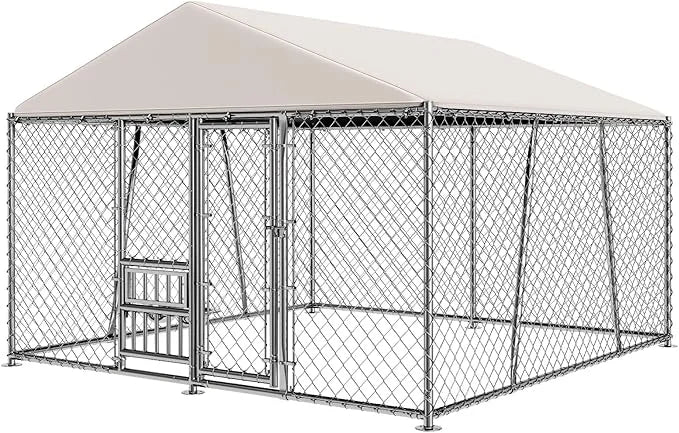 10 x 10FT Large Outdoor Dog Kennel with Bowls, Dog Kennel Outside with Waterproof Cover Roof, Galvanized Heavy Duty Chain ...