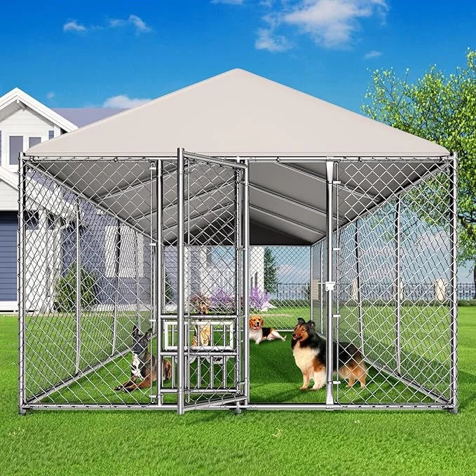 10 x 20FT Large Outdoor Dog Kennel with Bowls, Dog Kennel Outside with Waterproof Cover Roof, Galvanized Heavy Duty Chain ...