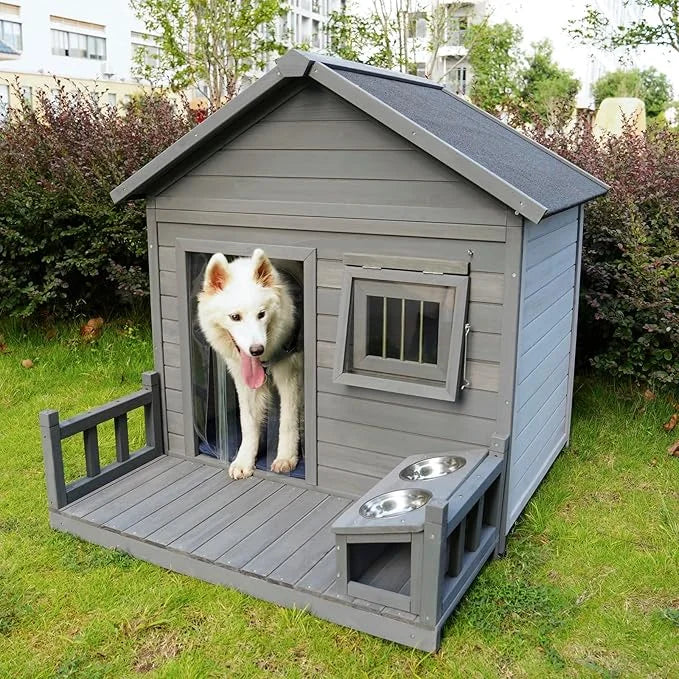 Outdoor Large Dogs House with Spacious Terrace,Open Waterproof Asphalt Roof Dog Kennel W/Breathable Window & 2 Feeding Sta...