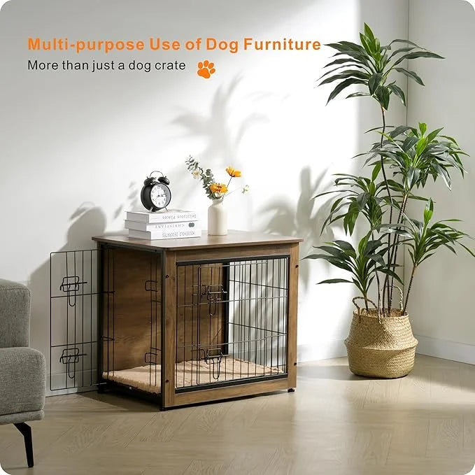 DWANTON Dog Crate Furniture with Cushion, Wooden Kennel Table with Double Doors, Indoor Dog House, Small/Medium/Large Size...