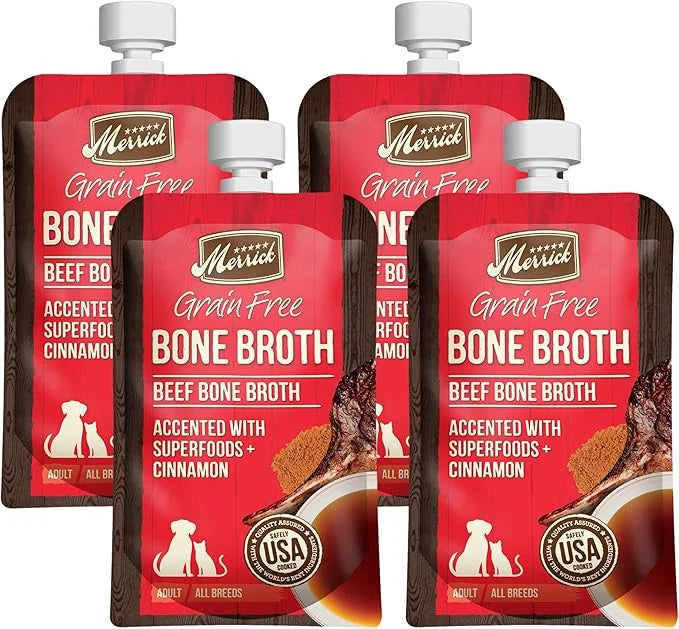 Merrick Grain Free Bone Broth, Premium Human Grade And Gluten Free Dog And Cat Food Topper Pouches, Beef - 7 oz. Pouch (Pa...