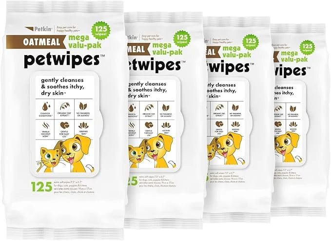 Petkin Mega Valu-Pak Pet Wipes, 500 Total Wipes - Oatmeal Pet Wipes for Dogs and Cats - for Face, Paws, Ears, and Body - S...