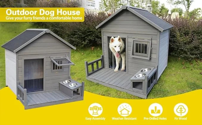 Outdoor Large Dogs House with Spacious Terrace,Open Waterproof Asphalt Roof Dog Kennel W/Breathable Window & 2 Feeding Sta...