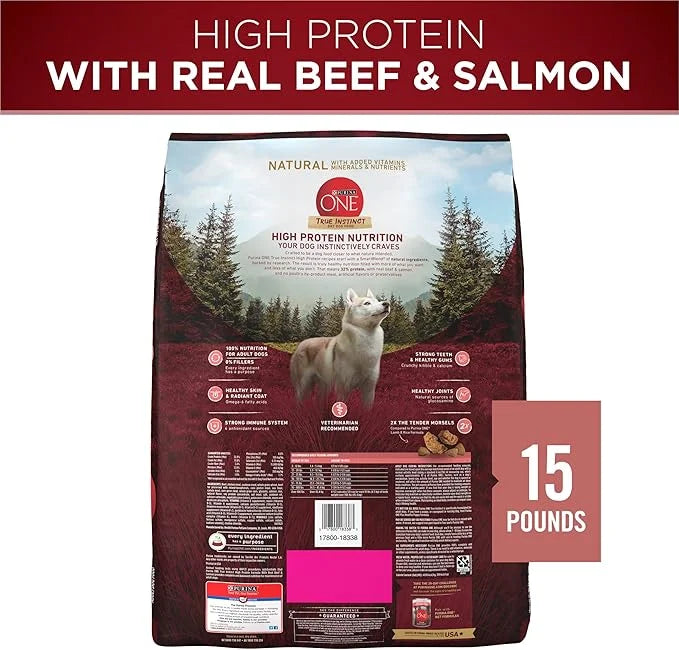 Purina ONE Natural High Protein Dry Dog Food Dry True Instinct with Real Beef and Salmon With Bone Broth and Added Vitamin...