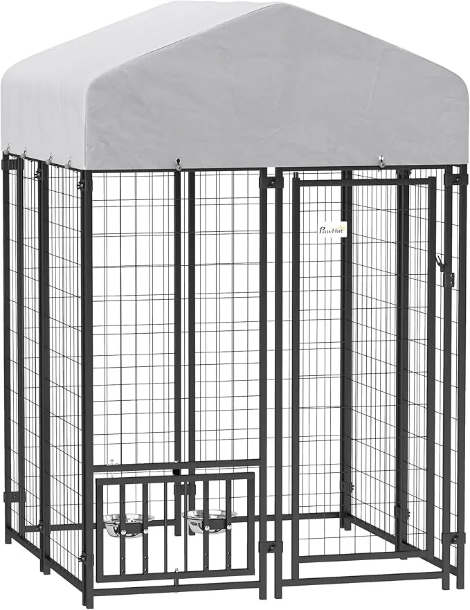 PawHut 3.9' x 3.9' x 6' Outdoor Dog Kennel, Welded Wire Heavy Duty Dog Run with 360° Rotating & 4 Level Adjustable Bowls, ...