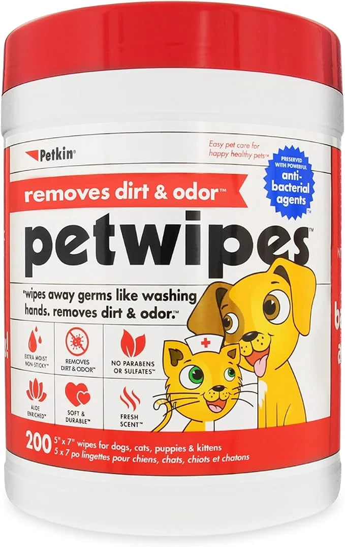 Petkin Mega PetWipes, 200 Wipes - Grooming Pet Wipes for Dogs and Cats - for Face, Paws, Ears, Body and Eye Area - Super C...