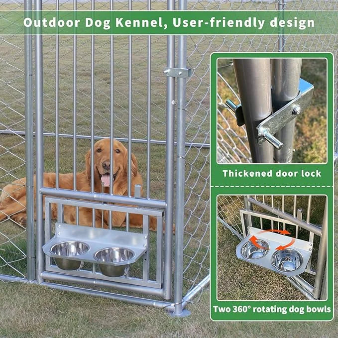 Rovibek Dog Kennel Outside, Outdoor Dog Kennel with Roof, 10'×10' Puppy Enclosure Outside, Out-Side with 2 Stainless Steel...