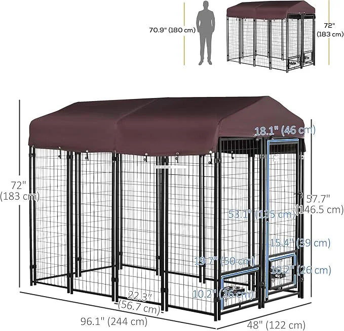 PawHut 8' x 4' x 6' Outdoor Dog Kennel with Rotating Bowl Holders, Walk-in Pet Playpen, Welded Wire Steel with Water and U...