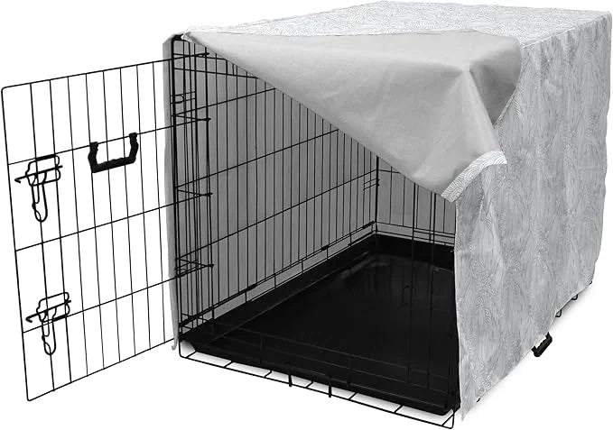 Ambesonne Grey and White Dog Crate Cover, Doodle Style Botanical Leaves Pattern Shabby Ornamental, Easy to Use Pet Kennel ...