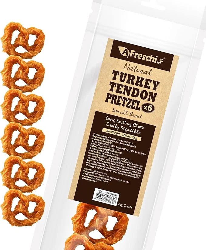 Afreschi Turkey Tendon for Dogs, Small Pretzel 6 Pieces per Pack, USA-Sourced Turkey, All Natural Human Grade Puppy Chew, ...