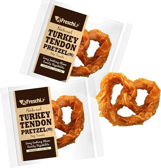 Afreschi Natural Turkey Tendon Pretzel (M) Pack of 2, Dog Treats for Signature Series, All Natural Human Grade Dog Chew, T...