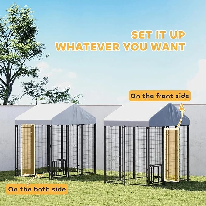PawHut 5.9' x 4' x 6' Outdoor Dog Kennel, Welded Wire Heavy Duty Dog Run with 360° Rotating & 4 Level Adjustable Bowls, Do...