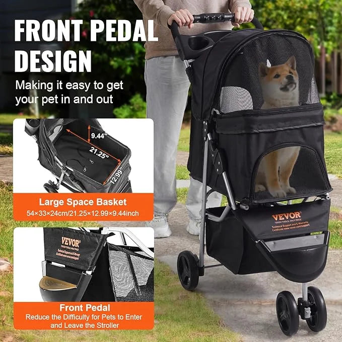 VEVOR Pet Stroller for Dogs and Cats up to 35lbs, 3 Wheels Folding Dog Cat Stroller for Medium Small Dogs, Portable Lightw...