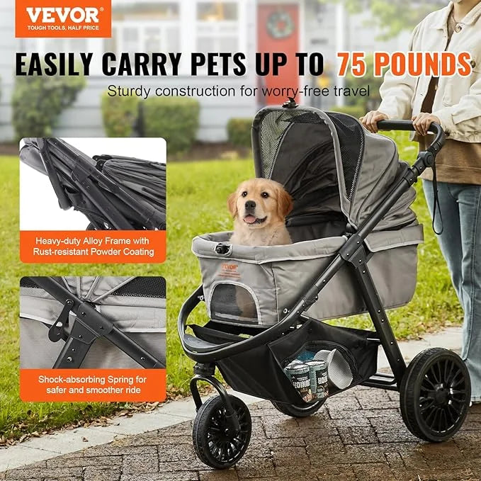 VEVOR Large Pet Stroller for Dogs Cats up to 75lbs, 3 Wheels Folding Cat Dog Stroller, Portable Pet Jogging Stroller with ...
