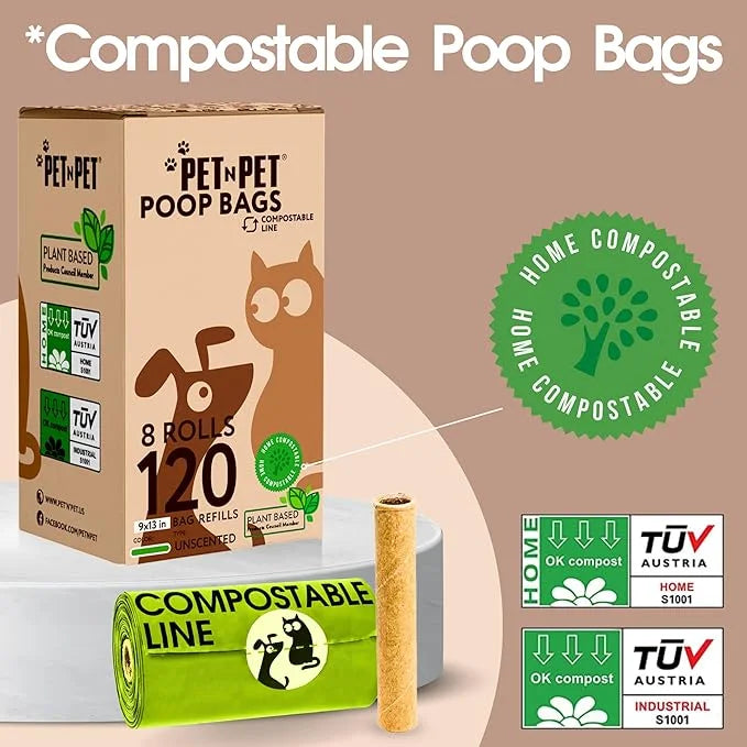 Pet N Pet Poop Bags For Dogs, 120 Counts Dog Poop Bags Rolls + 100% Plant Based Dog Wipes for Paws and Butt, 100 Counts Do...