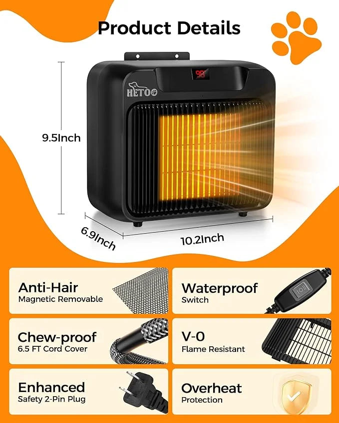 HETOO Dog House Heater with Thermostat, Wall-Mounted 600W/300W Dog Heater, 6.5Ft Anti Chew Cord, Overheat Protection, Safe...